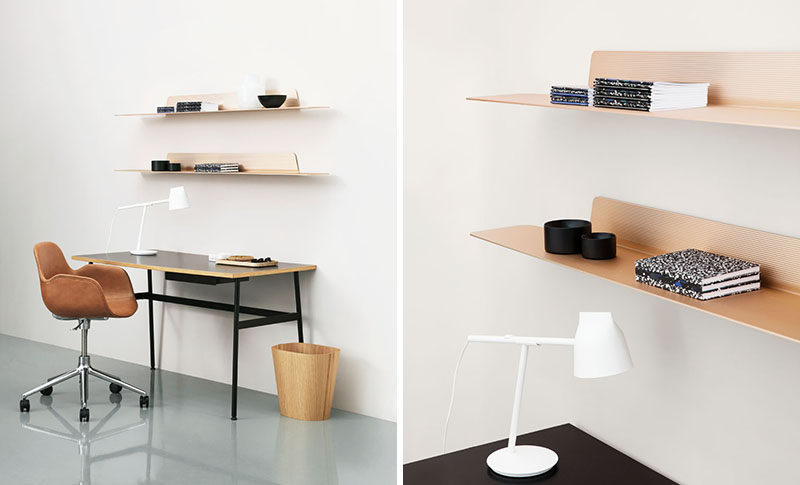 Jet, a thin, modern, minimalist shelf designed by Simon Legald for Normann Copenhagen, is a wall storage solution that combines horizontal and vertical lines to create a simple yet sturdy shelf with an industrial look that can be used to store and display objects of all sorts.