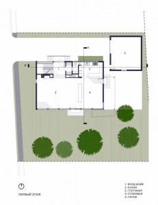План современный коттедж. Первый этаж. Кухня, гостиная и другие помещения.