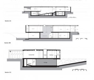План коттеджа в разрезе, видны разные уровни -- жилой и подсобные помещения на нижнем этаже